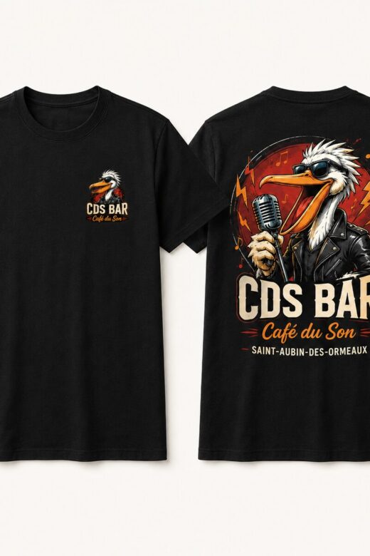 T-shirt premium noir CDS BAR, vue avant et arrière avec pélican rock